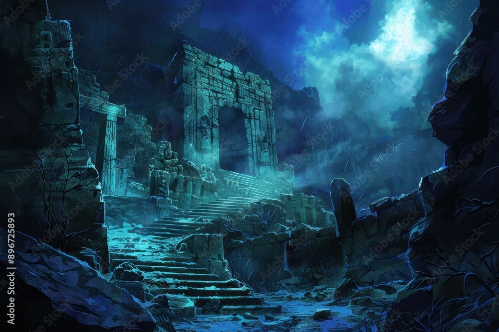 Mysterious temple ruins in a stormy night with bright shining moon Mysterious temple ruins in a stormy night with bright shining moon