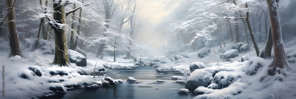 Blurred Winter Creek, with Icy Edges and a Background of Snow-Covered Trees. Copy Space Blurred Winter Creek, with Icy Edges and a Background of Snow-Covered Trees. Copy Space