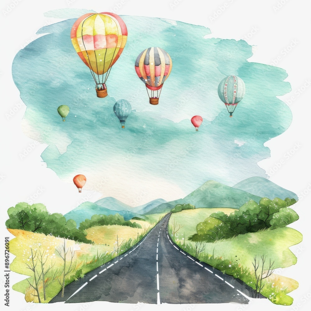 Obraz premium A vibrant watercolor scene featuring colorful hot air balloons soaring above a tranquil countryside road and rolling hills.