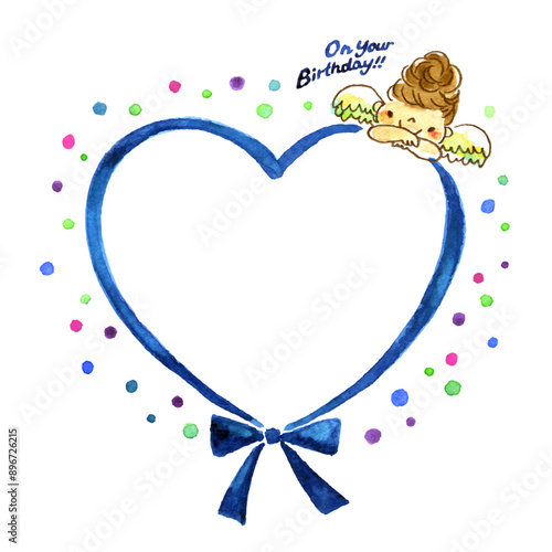 リボンで作ったハートの水彩手描きバースデーカード
Watercolor hand-drawn birthday card with a heart made of ribbon