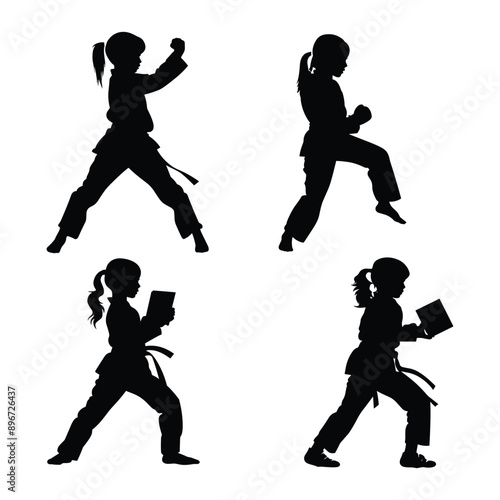 Four silhouettes of young girls in karate stances.
