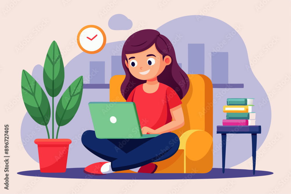 a girl using a laptop, minimal style flat cartoon colored vector illustration a girl using a laptop, minimal style flat cartoon colored vector illustration