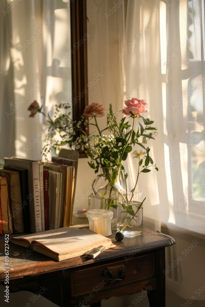 Books and flowers on a table in the room. Vintage style. Books and flowers on a table in the room. Vintage style.