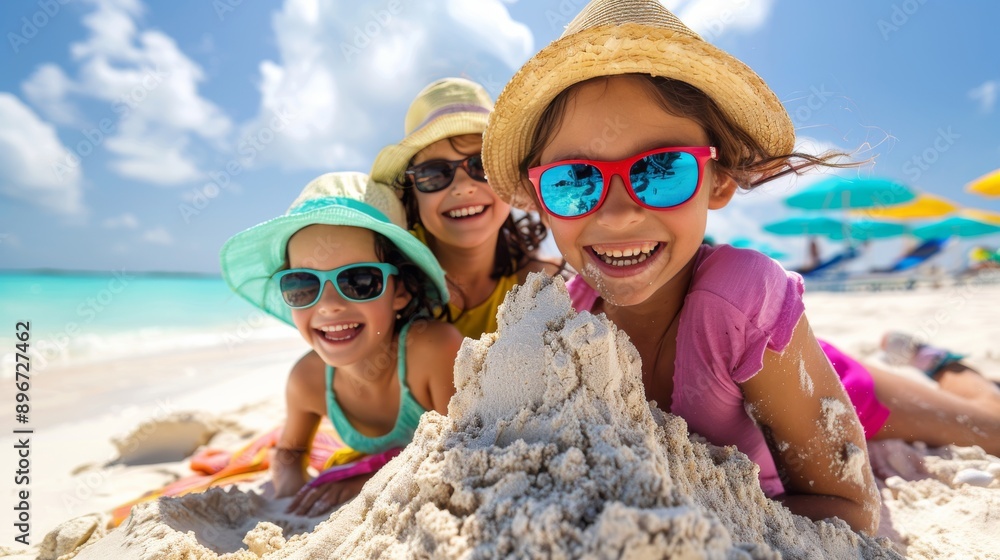 Three children playing on the beach, wearing hats and sunglasses, building a sandcastle, enjoying a sunny day with clear blue sky water. Three children playing on the beach, wearing hats and sunglasses, building a sandcastle, enjoying a sunny day with clear blue sky water.