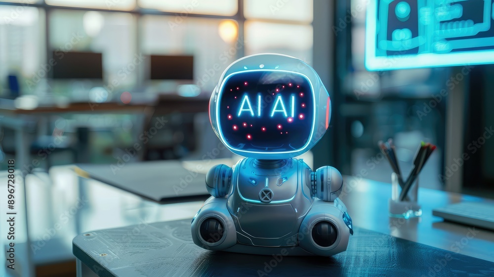 A futuristic robot with glowing blue eyes and the inscription AI on its display stands on a desk in a modern office setting A futuristic robot with glowing blue eyes and the inscription AI on its display stands on a desk in a modern office setting