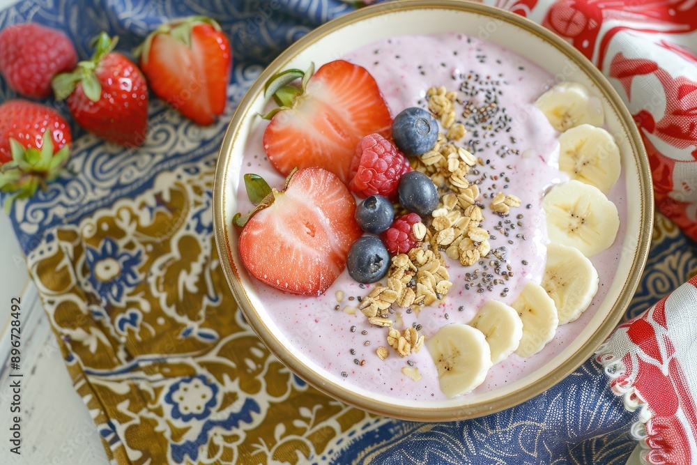 Close-up of a colorful smoothie bowl topped with fresh fruit, granola, and seeds, on a decorative fabric background. Close-up of a colorful smoothie bowl topped with fresh fruit, granola, and seeds, on a decorative fabric background.