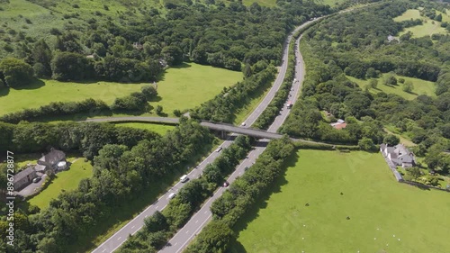 Aerial orbital view of the A30 road surrounded by Devon countryside, UK photo