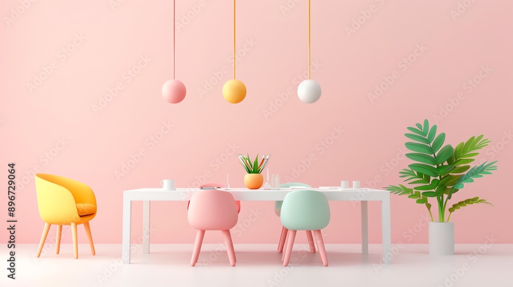 Modern pastel dining room with colorful chairs, green plant, and pendant lights against a pink wall. Minimalist interior design inspiration. Modern pastel dining room with colorful chairs, green plant, and pendant lights against a pink wall. Minimalist interior design inspiration.