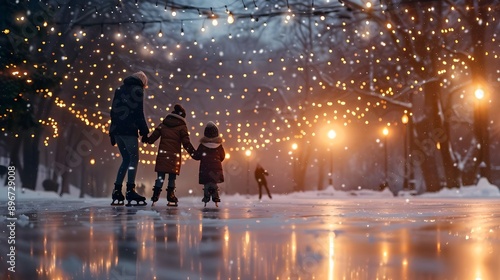 Family Ice Skating Under Festive Lights in Winter Evening