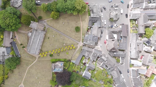 Aerial top down view of Chagford, a market town and civil parish on the north-east edge of Dartmoor, in Devon, England photo