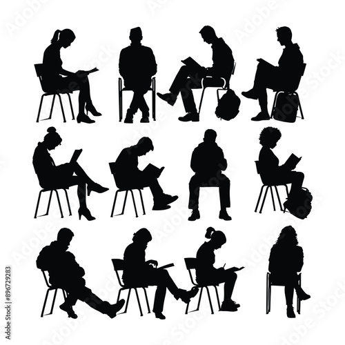 Silhouettes of people sitting and reading books.