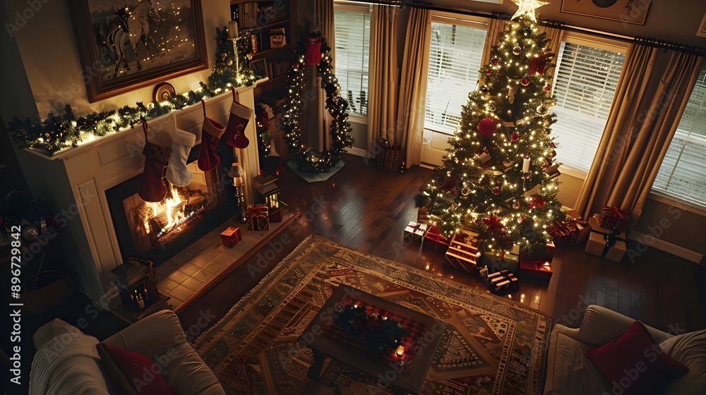 Cozy Living Room Decorated For Christmas With Tree And Fireplace Cozy Living Room Decorated For Christmas With Tree And Fireplace