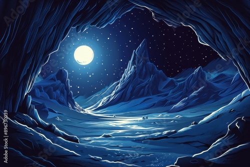 Mystical blue alien landscape with glowing moon and snowy mountains