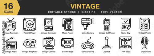 Vintage icon set. Editable Stroke Icon Collection. Includes boom box, television, mobile phone,  record player, and More. Outline icons vector collection.