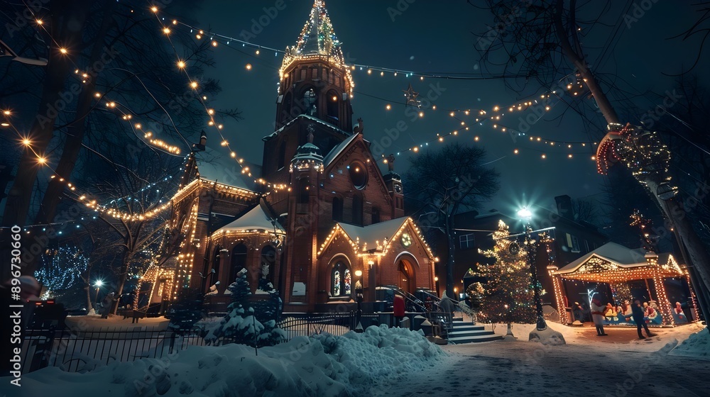 Obraz premium Historic Church Decorated With Christmas Lights at Night