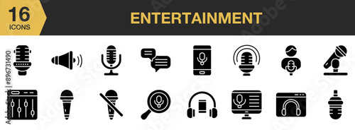 Entertainment icon set. Includes on air, discussion, online podcast, podcast text, and More. Solid icons vector collection.