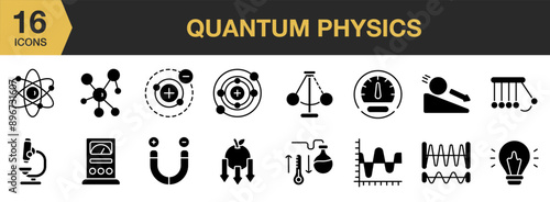 Quantum Physics icon set. Includes atom, molecule, electron, cosmology, motion, and More. Solid icons vector collection.