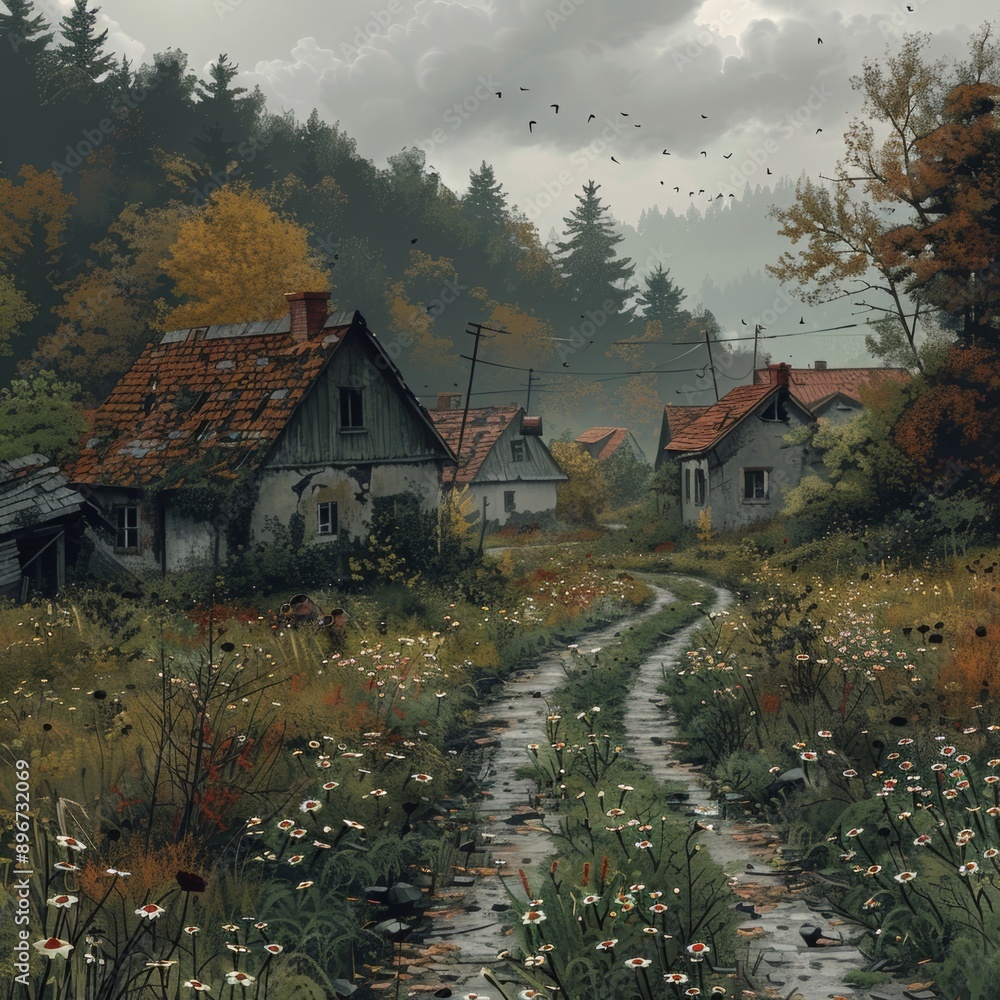 Surreal Post-Apocalyptic Landscape: Abandoned Farmhouses on Overgrown Road in Earthy Tones Surreal Post-Apocalyptic Landscape: Abandoned Farmhouses on Overgrown Road in Earthy Tones