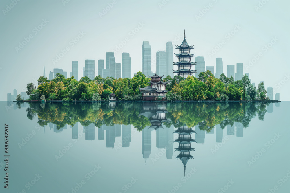 Landscape illustration of Chinese traditional pavilion in modern city Landscape illustration of Chinese traditional pavilion in modern city