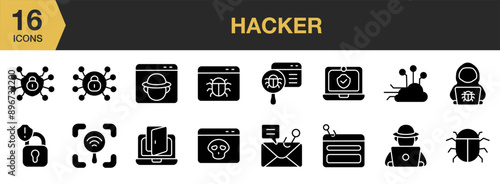 Hacker Glyph icon set. Includes cyber attack, cybercrime, hacking, bug, network scanning, and More. Solid icons vector collection.