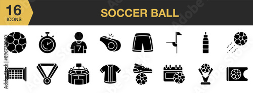 Soccer Ball Glyph icon set. Includes ball, ball player, short, corner kick, football schedule, and More. Solid icons vector collection.