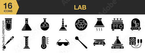 Lab Glyph icon set. Includes beaker, flask, bunsen burner, fume hood, hot plate, pipette, and More. Solid icons vector collection.
