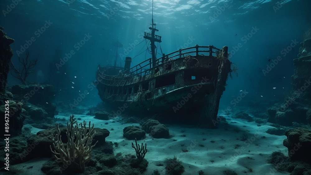 Creepy underwater world with a sunken ship and ghostly terrain, creating a haunting and mysterious atmosphere. Creepy underwater world with a sunken ship and ghostly terrain, creating a haunting and mysterious atmosphere.