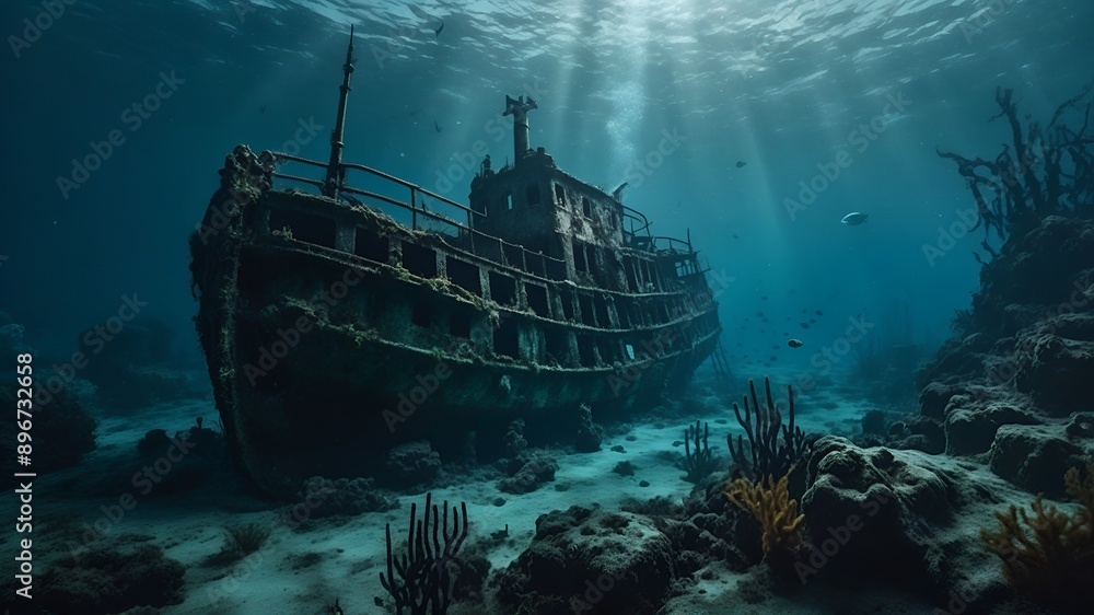 Creepy underwater world with a sunken ship and ghostly terrain, creating a haunting and mysterious atmosphere. Creepy underwater world with a sunken ship and ghostly terrain, creating a haunting and mysterious atmosphere.