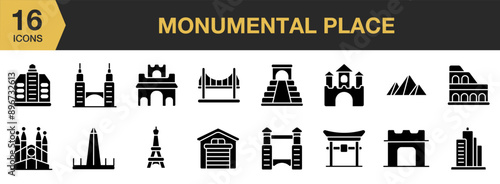 Monumental Place Glyph icon set. Includes alhambra, chichen itza, garage, gate, japan gate, golden gate bridge, and More. Solid icons vector collection.