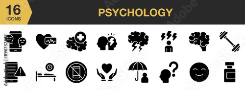 Psychology Glyph icon set. Includes social media, protect mental health, medicine, no phone, happy, and More. Solid icons vector collection.