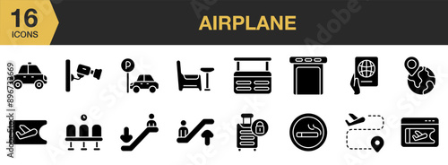 Airplane Glyph icon set. Includes car rental, escalator, ticket online, flight information, destination, waiting, and More. Solid icons vector collection.