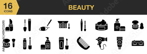 Beauty Glyph icon set. Includes hairbrush, eye shadow, mascara, sunscreen, eyebrow pencil, and More. Solid icons vector collection.