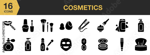 Cosmetics Glyph icon set. Includes hair dye, kabuki brush, face mask, compact powder, lip liner, and More. Solid icons vector collection.