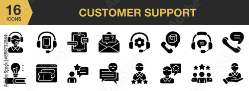 Customer Support Glyph icon set. Includes phone support, ticketing system, knowledge base, live chat, and More. Solid icons vector collection.