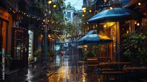 Rain falls on the atmospheric cafe street