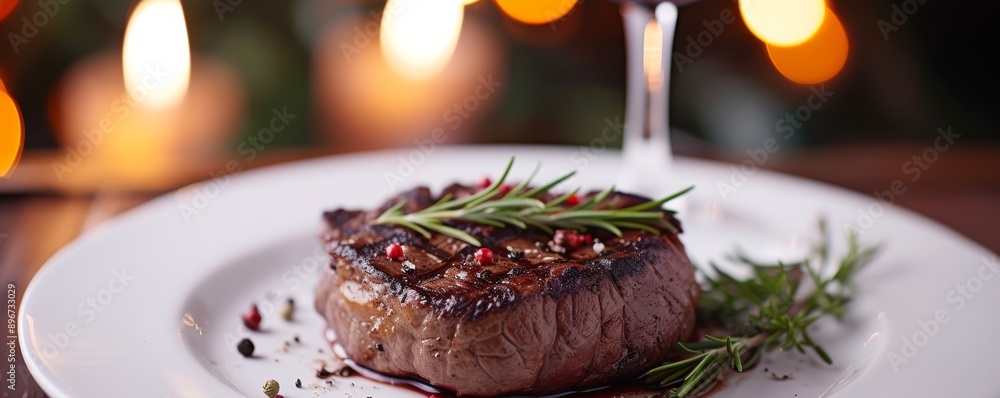 Grilled steak with rosemary garnish on a white plate, fine dining restaurant ambiance. Gourmet food and culinary presentation concept Grilled steak with rosemary garnish on a white plate, fine dining restaurant ambiance. Gourmet food and culinary presentation concept