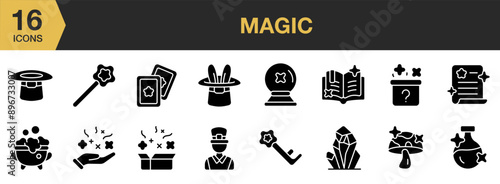 Magic Glyph icon set. Includes magic ball, magic key, magic trick, magic book, and More. Solid icons vector collection.