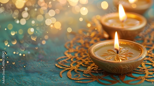 Glowing diya lamps with intricate golden design on teal background photo