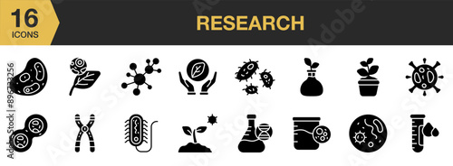 Research Glyph icon set. Includes chromosome, ecology, botany, cell division, plant cell, and More. Solid icons vector collection.