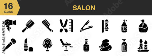 Salon Glyph icon set. Includes hairdryer, comb, barber pole, conditioner bottle, mirror, and More. Solid icons vector collection.