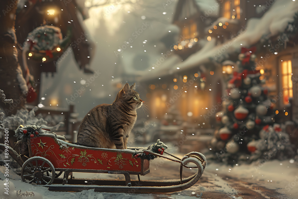 Fototapeta premium A cat relaxing in a festive sleigh next to a snow-covered cottage.