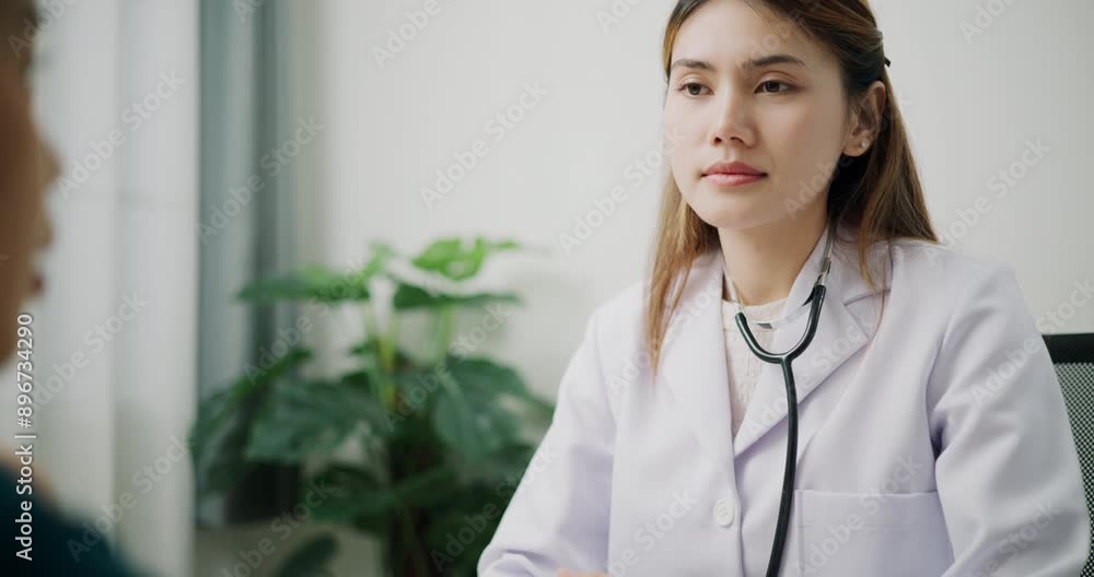 Handheld dolly shot, Young female patient tells the doctor about her illness in clinic office, Health and medicine consultant, Conversation about healthcare Handheld dolly shot, Young female patient tells the doctor about her illness in clinic office, Health and medicine consultant, Conversation about healthcare