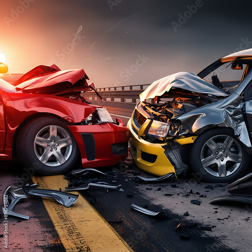 Close Up Of Two Cars Damaged In Road Traffic Accident