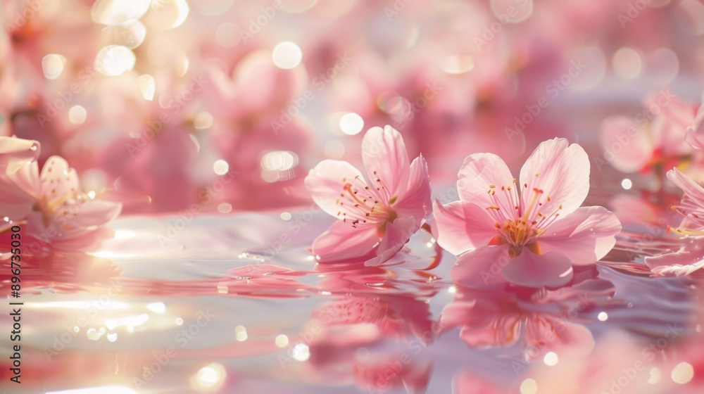 Delicate Pink Cherry Blossoms Floating on Water Delicate Pink Cherry Blossoms Floating on Water