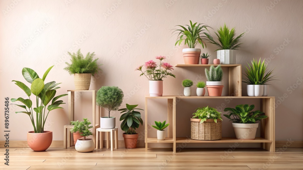 Elegant wooden showcase display with several pink potted plants and a touch of greenery on a neutral-colored background. Elegant wooden showcase display with several pink potted plants and a touch of greenery on a neutral-colored background.