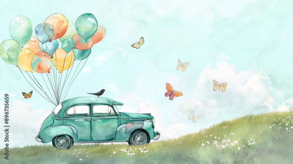 Fototapeta Whimsical Car with Balloons and Butterflies in Pastel Landscape