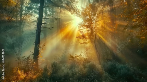 Sunbeams Through Misty Forest