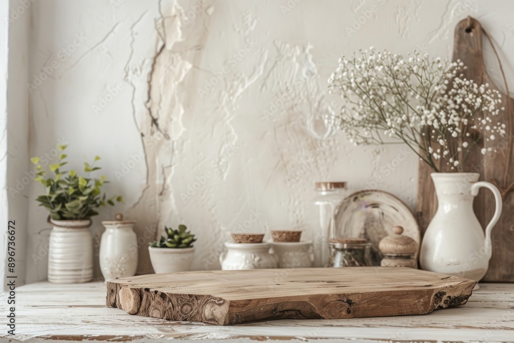 Empty wooden cutting board and white flowers in vases on white wooden table Empty wooden cutting board and white flowers in vases on white wooden table
