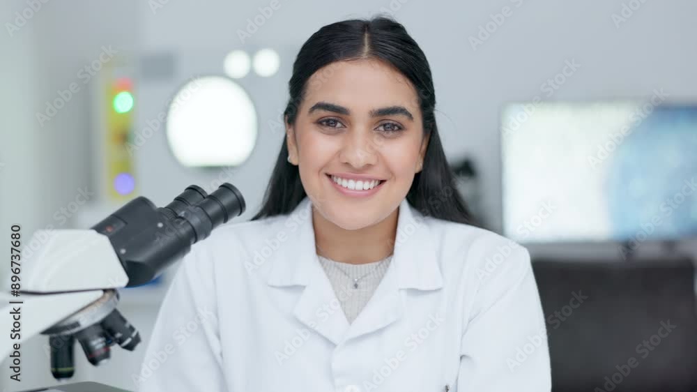 Clinical Laboratory Technician using handheld microscope to analyze medical test samples in a lab. Young female Indian Medical lab scientist looking at dna tissue, fluid and bacteria for research Clinical Laboratory Technician using handheld microscope to analyze medical test samples in a lab. Young female Indian Medical lab scientist looking at dna tissue, fluid and bacteria for research