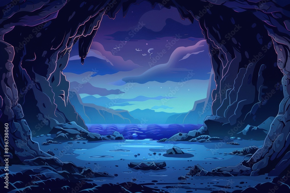 Mysterious Cave Entrance Overlooking a Bioluminescent Ocean at Night Mysterious Cave Entrance Overlooking a Bioluminescent Ocean at Night